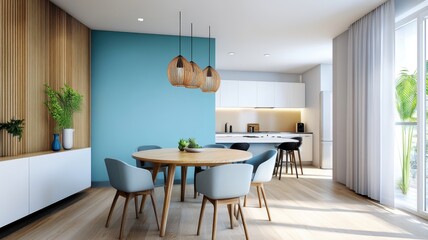 Fototapeta premium Elegant interior of a spacious dining room featuring a large table and stylish decor for unforgettable gatherings.