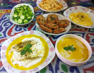 Traditional Breakfast Falafel with Labneh and hummus with Olive Oil