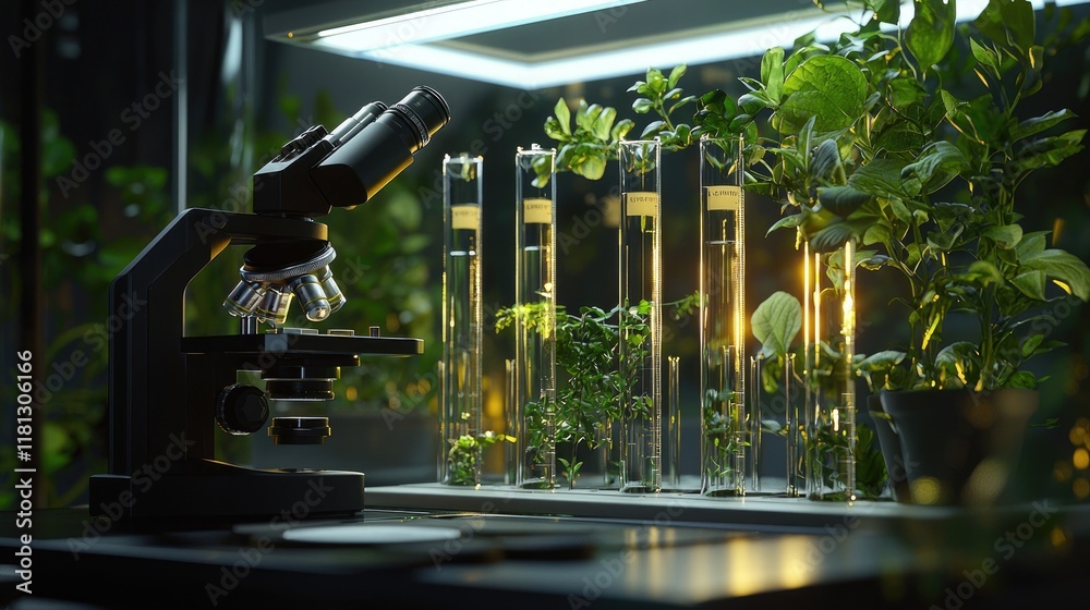 Poster A modern microscope positioned near test tubes containing various plant samples, emphasizing the connection between science and nature in a laboratory environment.