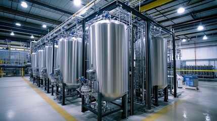 Large stainless steel tanks and water treatment equipment inside a drinking water production plant, showing a sterile environment