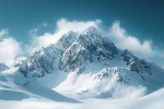 Majestic snow-capped mountain peak against a clear blue sky with fluffy clouds
