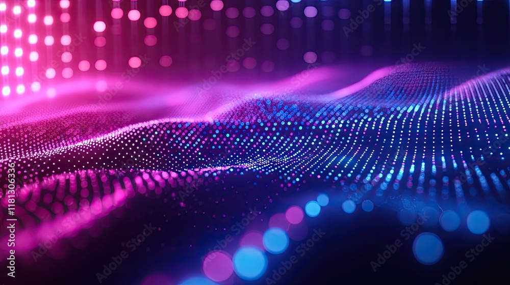 Aufkleber Discover a stunning abstract digital background featuring glowing dots and lines that symbolize data connection and networking in a captivating blue gradient.