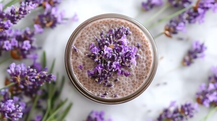 Lavender-infused chia pudding topped with fresh lavender sprigs, served in a glass jar for a calming, plant-based dessert