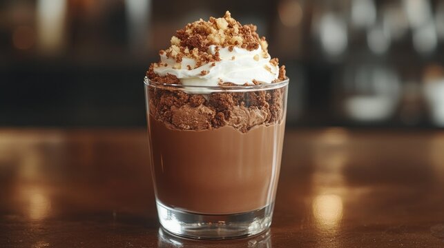 Layered chocolate parfait with chocolate pudding, whipped cream, and brownie crumbles in a glass cup