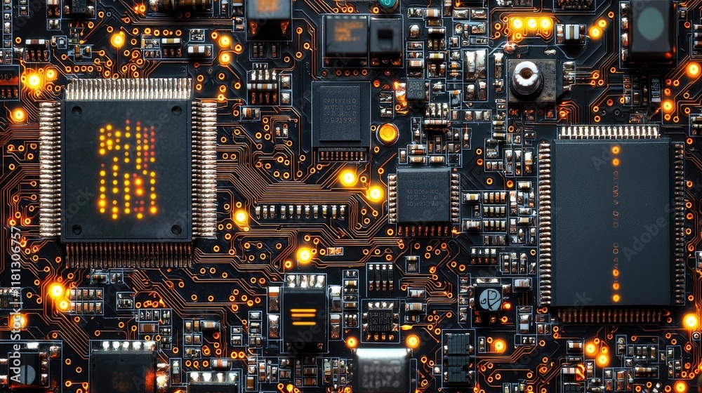 Poster This abstract technology background features intricate circuit board patterns with glowing elements, suitable for themes of innovation and digital connectivity in design