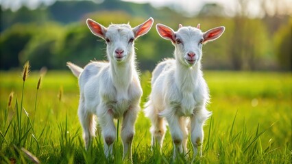 Fototapeta premium Spring's playful goat kids frolic, vibrant green pasture backdrop, perfectly composed using the rule of thirds.