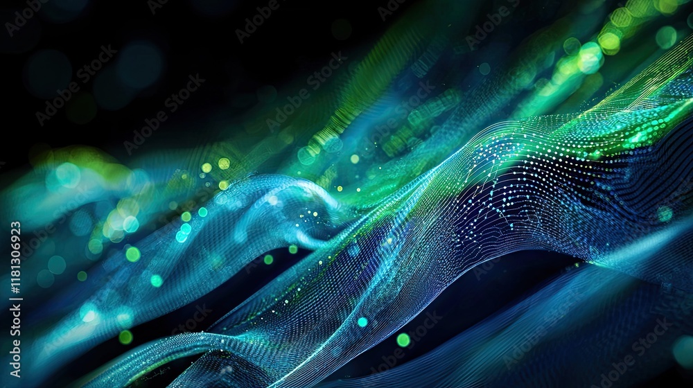 Poster This image showcases an abstract representation of financial trends and analytics through dynamic line graphs and charts in rich blue and green tones, ideal for technolog