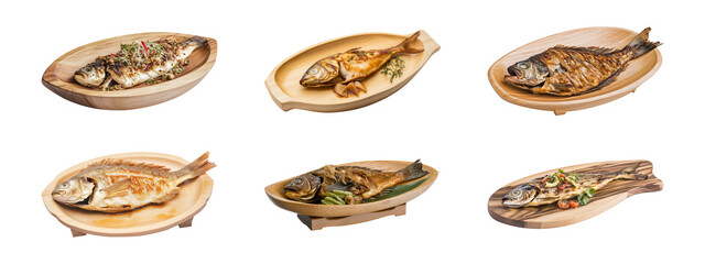 Obraz premium Roasted fish dish on wooden plates, transparent or white background, cut-out, PNG