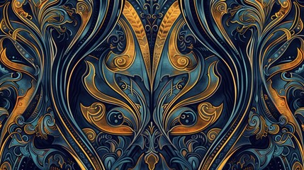 Ornate abstract design with intricate patterns in gold and blue hues.