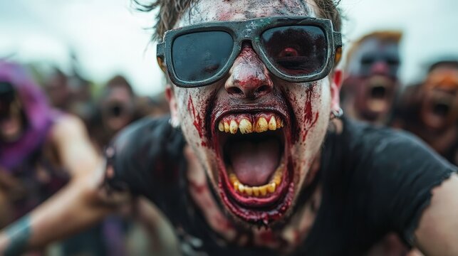 A chilling close-up of a man with a bloody face and fierce expression, embodying the intensity of horror and chaos, situated in a dark and thrilling zombie-themed scenario.
