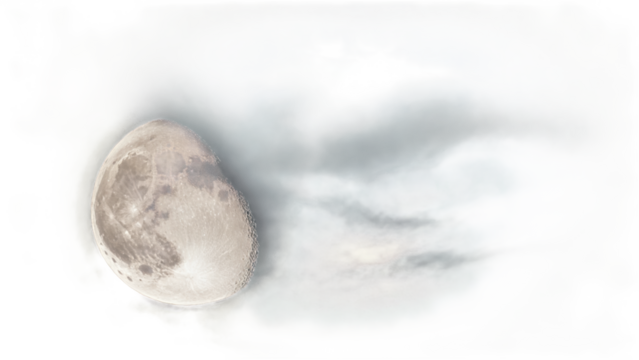 A full moon surrounded by soft, wispy clouds partially covering it. The clouds are light and airy, allowing the moon's glow to shine through. The background is transp