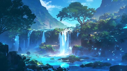 Mystical tall waterfall in a serene setting, natures grandeur depicted in a lush, tranquil scene