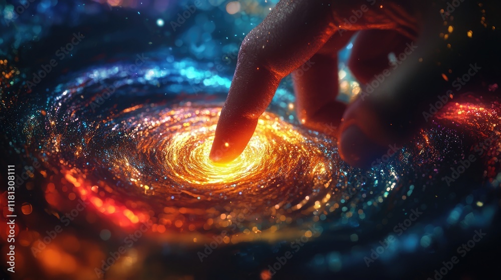 Leinwandbilder A captivating digital artwork showcasing a finger touching a glowing light amidst colorful swirling energy, symbolizing connection and cosmic power within the universe.