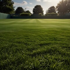 Fototapeta premium A green field with perfectly trimmed grass against a background of trees and a fence, illuminated by sunlight, creating an atmosphere of calm and comfort