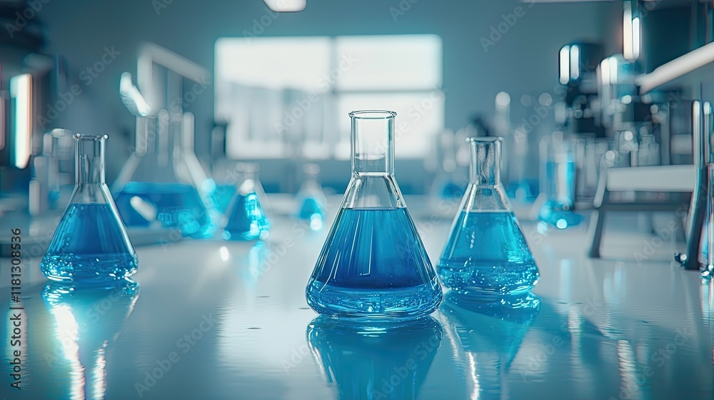 Poster a vibrant laboratory scene featuring glass test tubes and flasks filled with blue liquid on a clean 