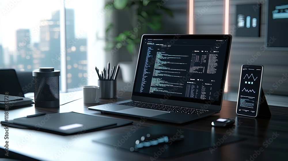 Aufkleber This sleek and modern digital workspace features a laptop and mobile devices showcasing data analysis and programming. Ideal for tech and innovation themes.