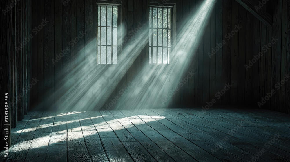 Leinwandbilder A captivating image of soft light shining into a dark wooden room, creating beams and shadows that enhance the serene atmosphere and perfect for artistic expression.