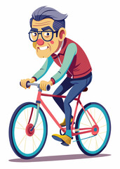 Naklejka premium 自転車に乗る眼鏡をかけた中年の日本人男性。自転車で通勤するアクティブな高齢者、隔離されたベクターイラスト。