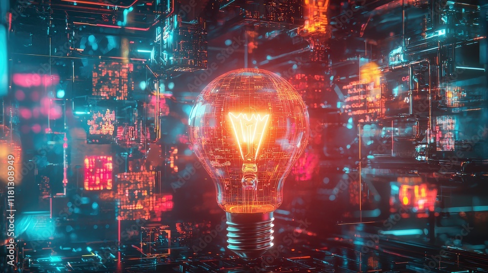 Poster A captivating image featuring an illuminated light bulb surrounded by various creative symbols and images, encapsulating the essence of innovation and modern technology i