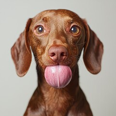 A close-up portrait of a playful brown dog with its tongue out.