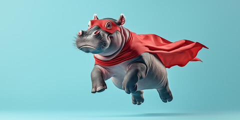 Superhero hippo leaping in action fantasy setting digital art playful environment vibrant viewpoint fun concept for kids and families