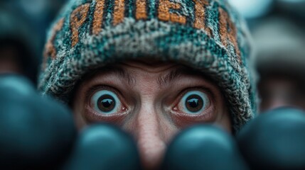 A close-up portrait of a surprised man with wide, expressive eyes wearing a textured knit beanie, capturing an emotional reaction that connects viewers to feelings of disbelief and wonder.