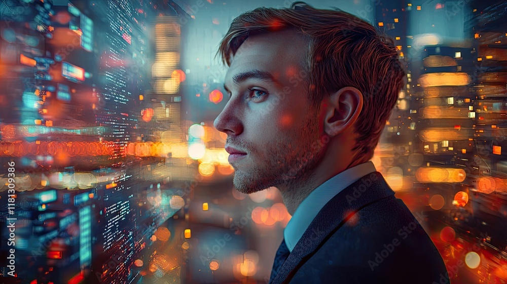 Poster a profile view of a thoughtful professional man overlaid with a vibrant city skyline, symbolizing am