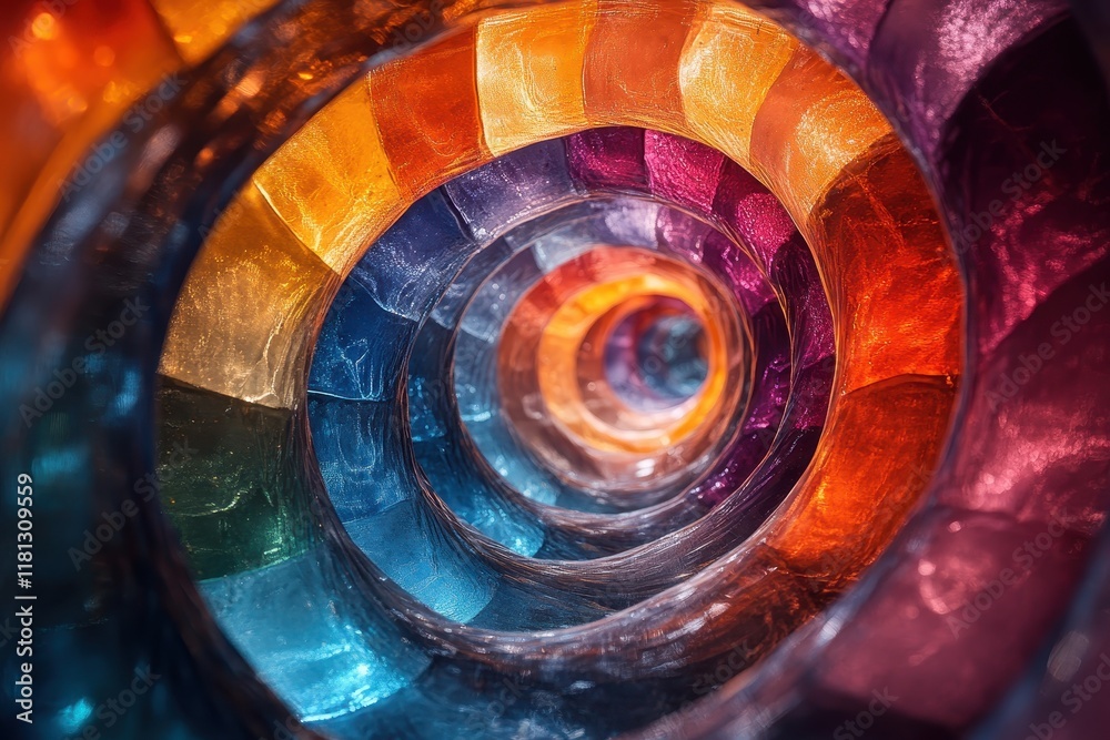 Wall mural colorful spiral design with vibrant hues creating a mesmerizing visual tunnel effect in abstract art