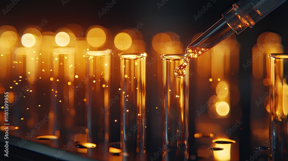 Poster a captivating image showcasing a pipette dropping liquid into a row of glass test tubes, symbolizing