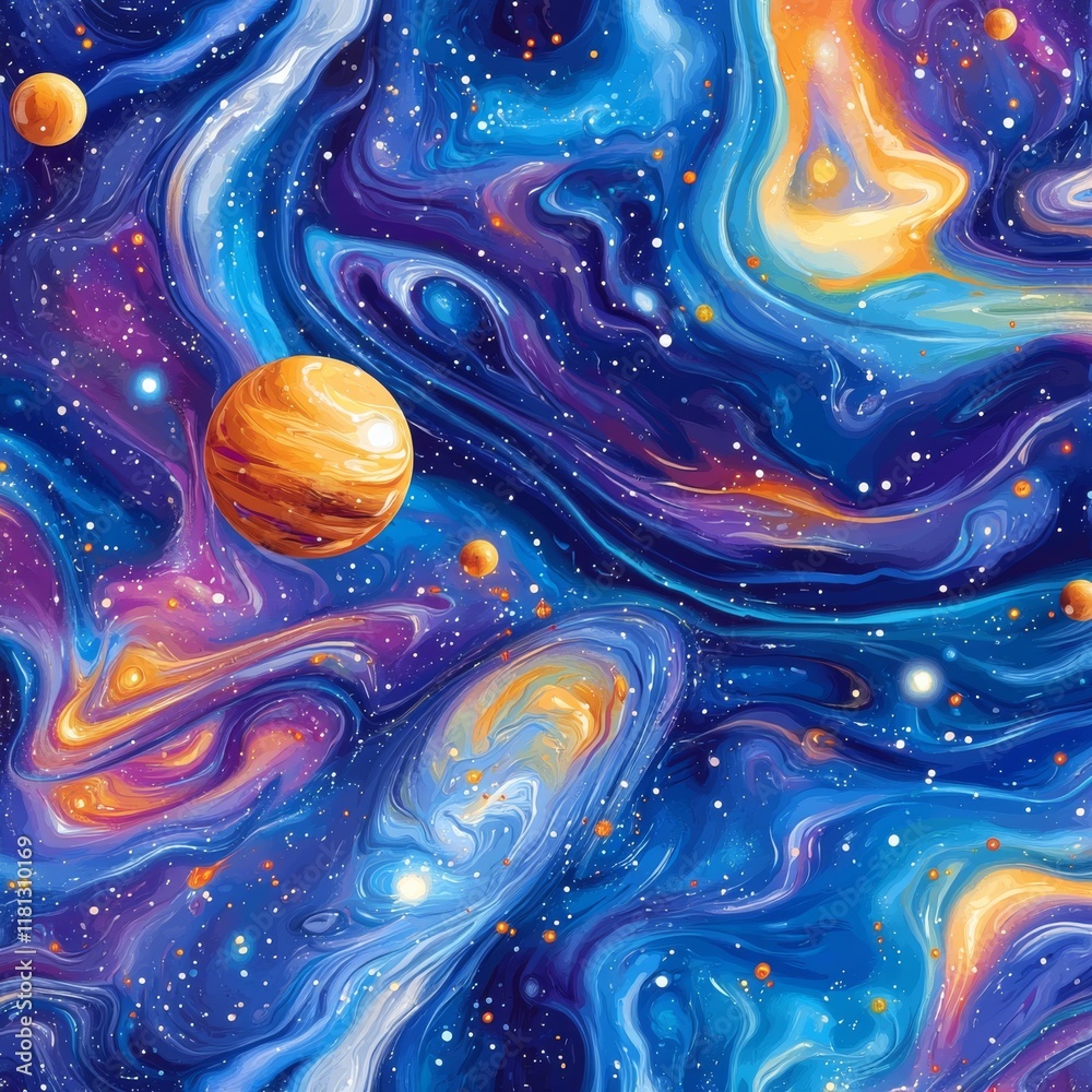 Wall mural abstract seamless pattern with a colorful, swirling galaxy and a space background with stars and pla
