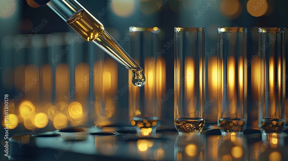 Poster a captivating image showcasing a pipette dropping liquid into a row of glass test tubes, symbolizing