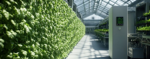 A modern greenhouse filled with lush green plants, featuring a high-tech control unit for optimal growth and climate management.