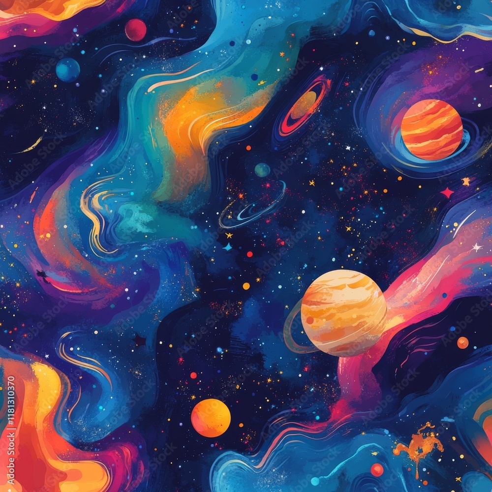 Wall mural abstract seamless pattern with a colorful, swirling galaxy and a space background with stars and pla