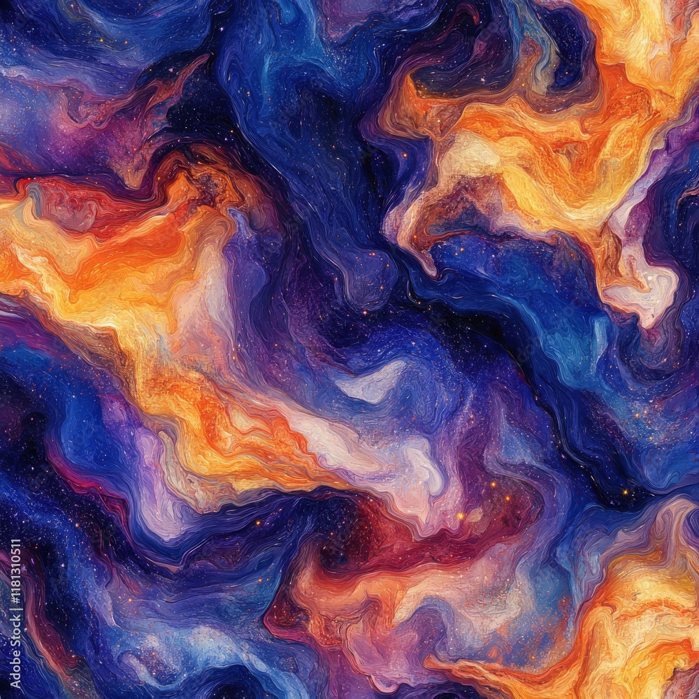 Poster abstract seamless pattern with a colorful, swirling galaxy and a space background with stars and pla