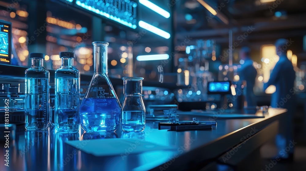 Poster a laboratory scene featuring various glassware with blue liquid, showcasing scientists engaged in re