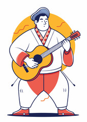 ギターを弾き、音楽を通して喜びを表現する、幸せそうなプラスサイズの日本人男性のミニマリスト線画。