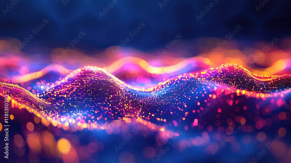Poster Experience a mesmerizing abstract digital background featuring glowing lines and data streams that evoke a futuristic cityscape at night. Perfect for tech-themed projects