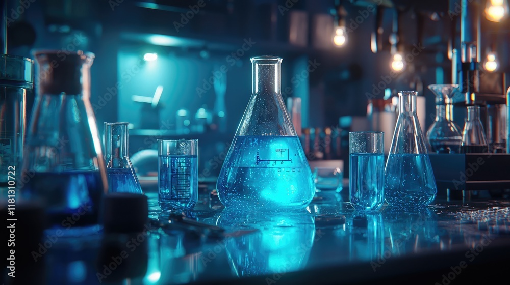 Poster a laboratory scene featuring various glassware with blue liquid, showcasing scientists engaged in re