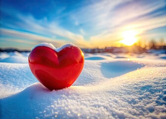 Fototapeta premium Sweeping red heart amid snowy landscape; a romantic winter's tale.