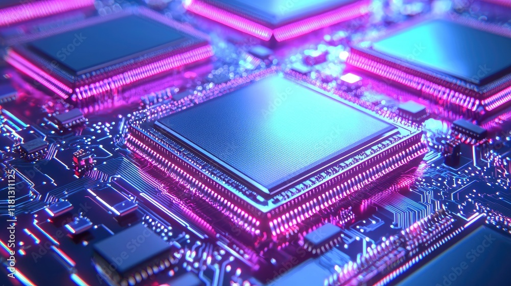 Poster This image portrays a detailed close-up of an electronic circuit board with microchips and reflective blue light, showcasing advanced technology and intricate design.
