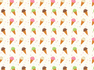 Colorful ice cream cone pattern. Strawberry, chocolate and matcha gelato. Seamless pattern for print, fabric, background, wallpaper, wrapping paper, texture, greeting card. Flat vector illustration.