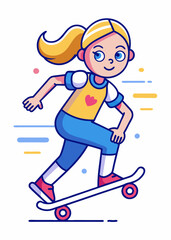 Minimalist line art of young girl with pigtails skateboarding, simple isolated character vector illustration.