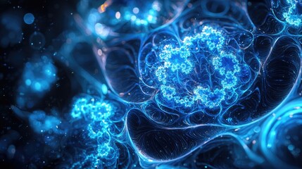 Obraz premium This image depicts an abstract molecular structure with interconnected atoms, emphasizing the dynamic relationships within a scientific context, featuring appealing blue