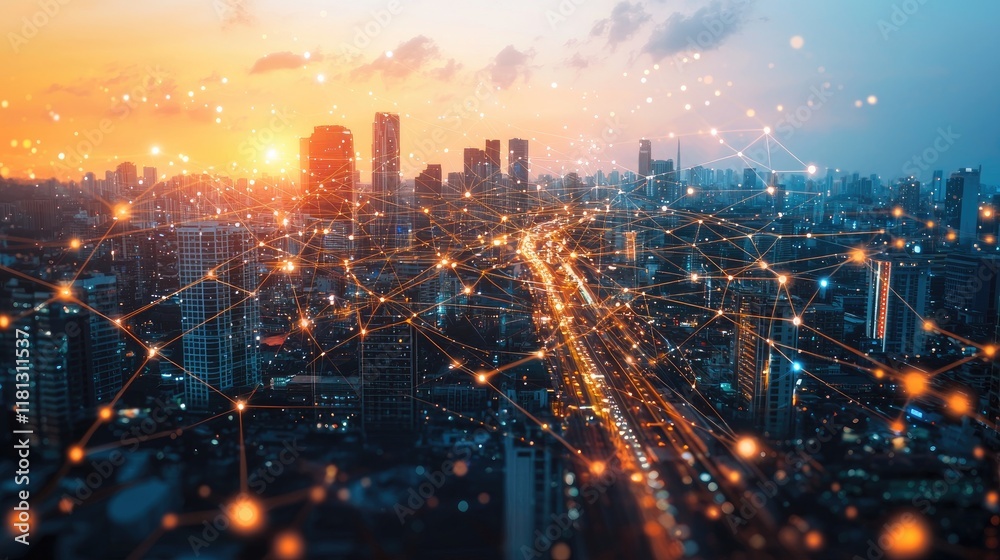 Poster a stunning view of a futuristic city skyline at dusk, showcasing digital connectivity lights that sy