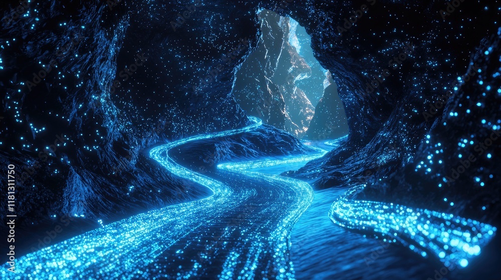 Poster experience a captivating futuristic digital landscape filled with blue glowing data streams, evoking