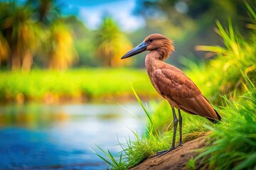 Uganda's Hamerkop, perched on a riverbank, amidst lush green grass.  Scopus umbretta in its natural habitat.