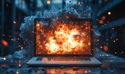 Explosion, laptop and startup fail in disaster, destruction and cyber security breach. Bomb, danger and crisis in business, company finance and stock market crash at online war, Generative AI