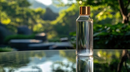 Premium spring water bottle with gold accents, set on a reflective glass table, with a background of lush nature