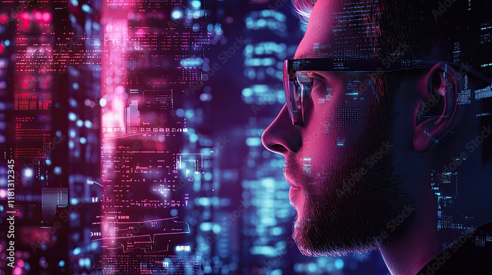 Aufkleber a striking profile image of a man with glasses, featuring a vibrant cityscape and digital data overl