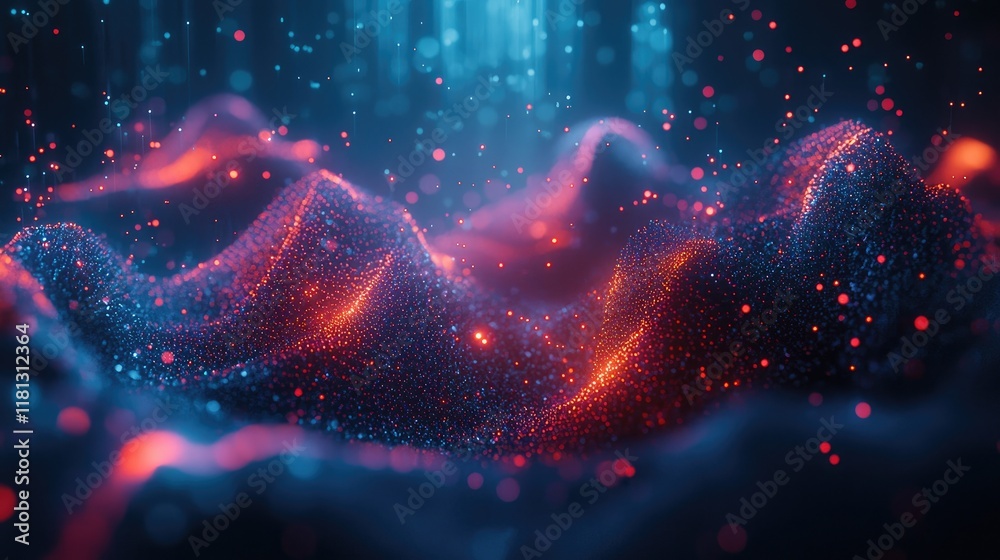 Poster This image features an abstract representation of digital data flow with light particles in a blue space, perfect for technology-themed projects, presentations, or digita